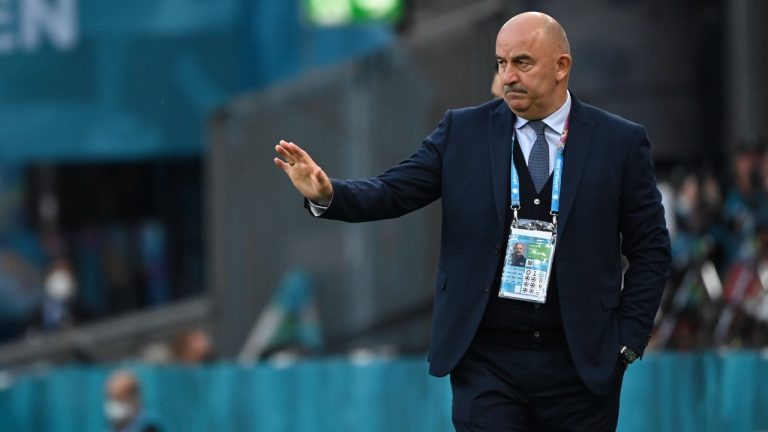 Russia's manager Stanislav Cherchesov gestures during the Euro 2020 Group B match between Russia and Denmark at the Parken stadium in Copenhagen, Denmark, Monday, June 21, 2021. (Jonathan Nackstrand/Pool via AP) 