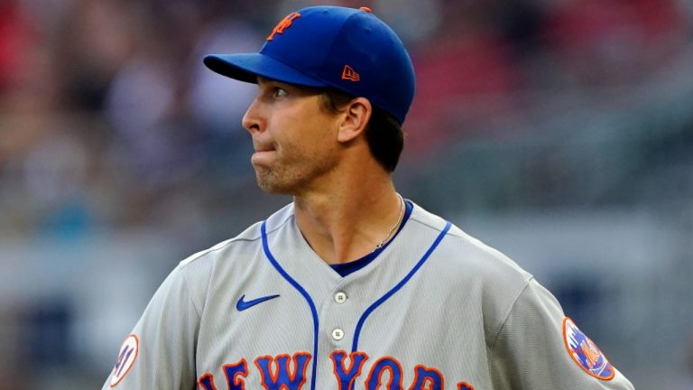 New York Mets starting pitcher Jacob deGrom looks out towards the scoreboard after allowing a triple in the first inning of a baseball game against the Atlanta Braves Thursday, July 1, 2021, in Atlanta. (John Bazemore/AP)