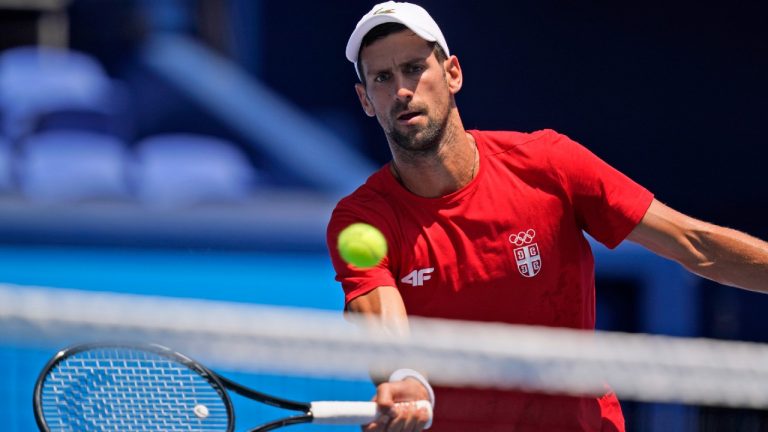 Novak Djokovic, of Serbia, practices at the Ariake Tennis Center ahead of the 2020 Summer Olympics. (Seth Wenig/AP)