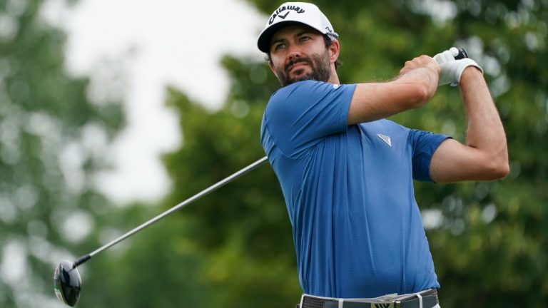 Adam Hadwin hits a tee shot off the seventh hole during the second round of the 3M Open golf tournament in Blaine, Minn., Friday, July 23, 2021. (Craig Lassig/AP)