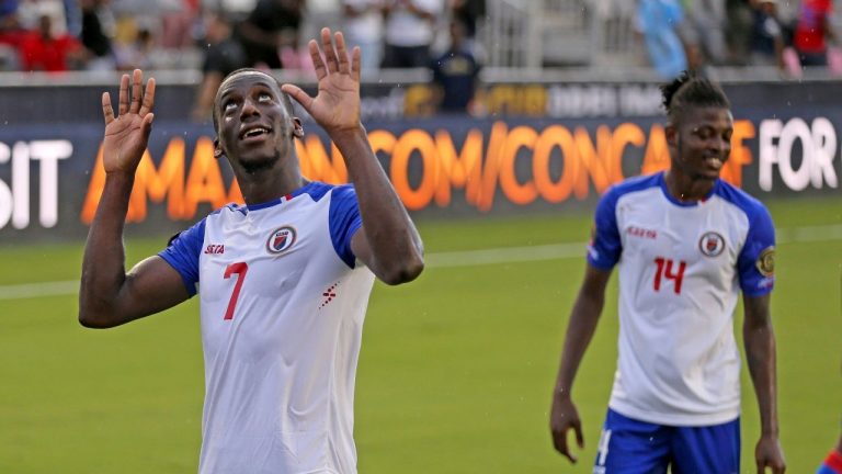 Haiti's Carnejy Antoine (7) celebrates a late score in the second half against Saint Vincent and the Grenadines during a CONCACAF Gold Cup soccer qualifying match in Fort Lauderdale, Fla., Friday, July 2, 2021. (Charles Trainor Jr./Miami Herald via AP) 