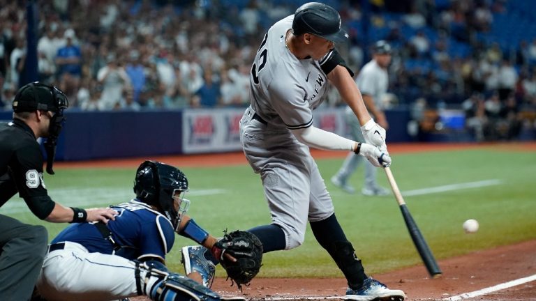 New York Yankees' Aaron Judge strkes out against Tampa Bay Rays starting pitcher Michael Wacha while pinch hitting during the fifth inning of a baseball game Wednesday, July 28, 2021, in St. Petersburg, Fla. (Chris O'Meara/AP)