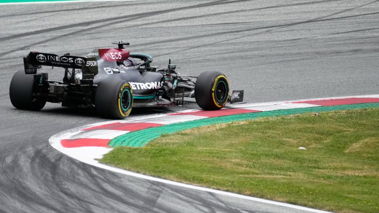 Mercedes driver Lewis Hamilton of Britain steers his car during the second free practice session for the Austrian Formula One Grand Prix at the Red Bull Ring racetrack in Spielberg, Austria, Friday, July 2, 2021.  (Darko Bandic/AP) 