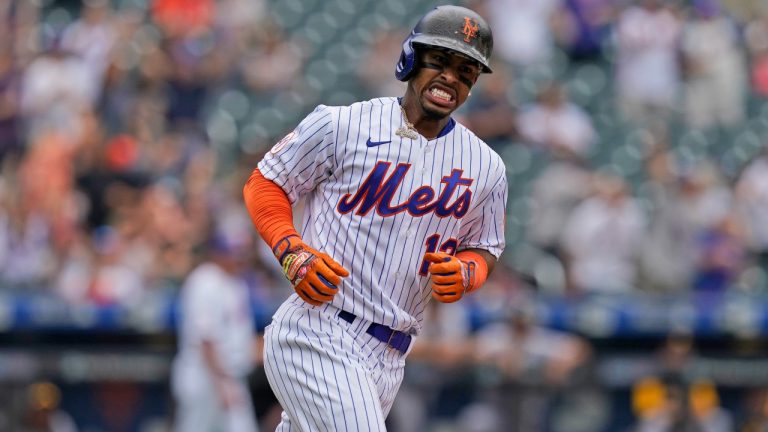 New York Mets' Francisco Lindor reacts after hitting a two-run home run during the first inning of a baseball game against the Pittsburgh Pirates at Citi Field, Sunday, July 11, 2021, in New York. (Seth Wenig/AP)
