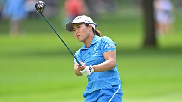 Nasa Hataoka, from Japan, watches her approach shot on the seventh hole during the third round of the Marathon LPGA Classic golf tournament at Highland Meadows Golf Club in Sylvania, Ohio, Saturday, July 10, 2021, in Sylvania, Ohio. (David Dermer/AP)