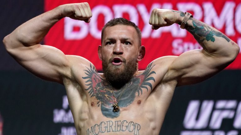 Conor McGregor poses during a ceremonial weigh-in for a UFC 264 mixed martial arts bout Friday, July 9, 2021, in Las Vegas. McGregor is scheduled to fight Dustin Poirier in a lightweight bout Saturday in Las Vegas (John Locher/AP)