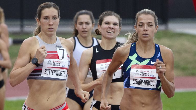 Melissa Bishop-Nriagu, right, races at the Canadian Track and Field Olympic trials in Montreal on June 25, 2021. (THE CANADIAN PRESS/Ryan Remiorz)
