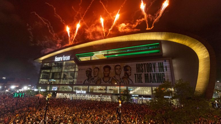 Fireworks explode over Fiserv Forum after the Milwaukee Bucks defeated the Phoenix Suns in Game 6 of the NBA basketball finals. (Jeffrey Phelps/AP)