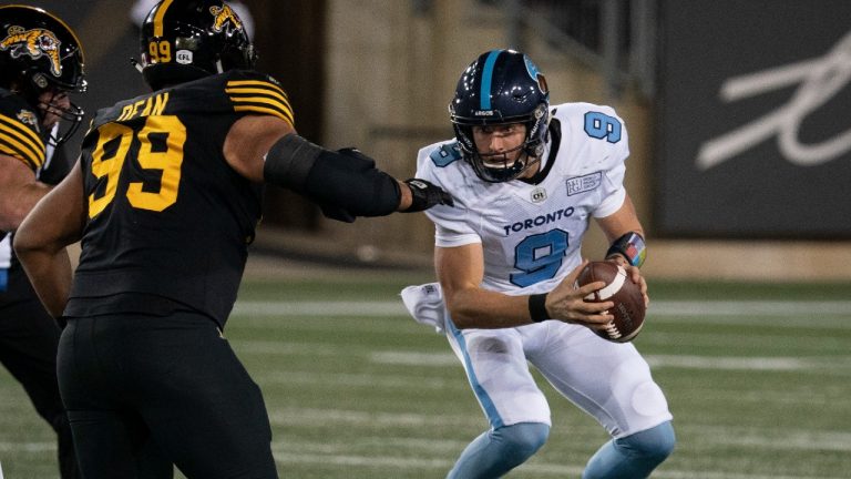 Toronto Argonauts quarterback Dakota Prukop (9) scrambles during first half CFL football action against the Hamilton Tiger Cats, in Hamilton, Ont., Saturday, Nov. 2, 2019. (Peter Power/CP)
