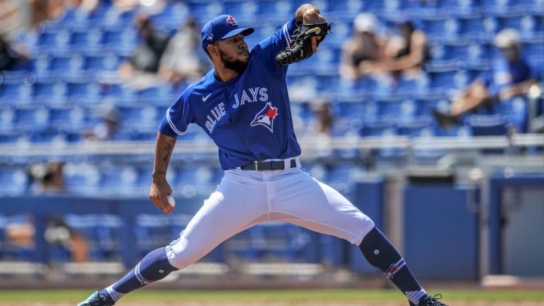 Toronto Blue Jays reliever Simeon Woods Richardson pitch against the New York Yankees during the fourth inning of a spring training baseball game Sunday, March 14, 2021, at TD Ballpark in Dunedin, Fla. (Steve Nesius/CP) 