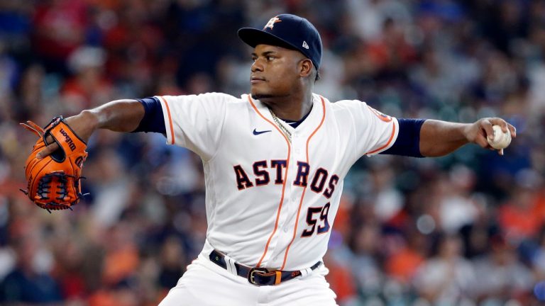 Houston Astros starting pitcher Framber Valdez throws to a Texas Rangers batter during the first inning of a baseball game Saturday, July 24, 2021, in Houston. (Michael Wyke/AP)