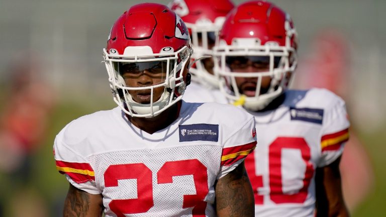 Kansas City Chiefs safety Armani Watts (23) walks between drills at an NFL football training camp practice Friday, Aug. 21, 2020, in Kansas City, Mo. (Charlie Riedel/AP)