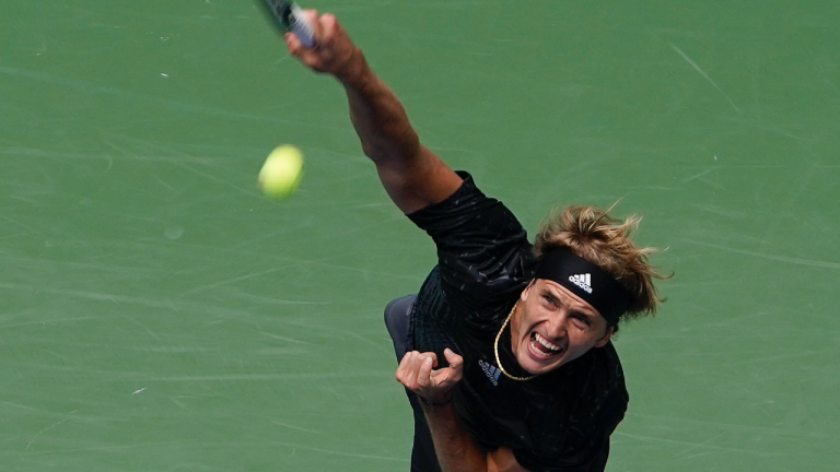 Alexander Zverev, of Germany, serves to Sam Querrey, of the United States, during the first round of the US Open tennis championships, Tuesday, Aug. 31, 2021, in New York. (John Minchillo / AP)