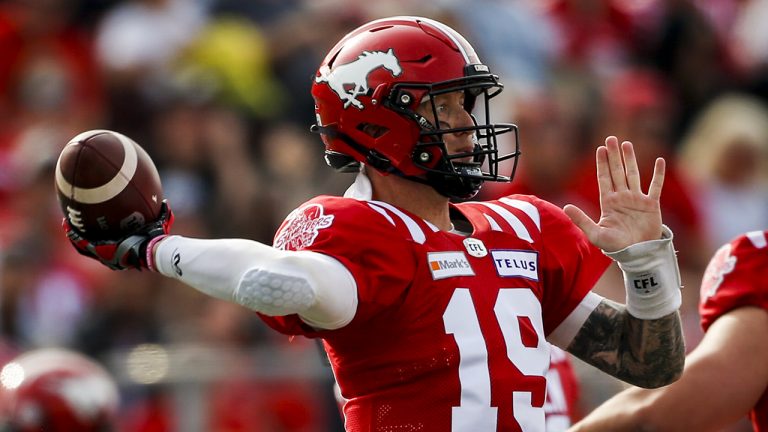 Calgary Stampeders quarterback Bo Levi Mitchell throws the ball against the Toronto Argonauts during CFL football action in Calgary, Saturday, Aug. 7, 2021. (Jeff McIntosh/CP)
