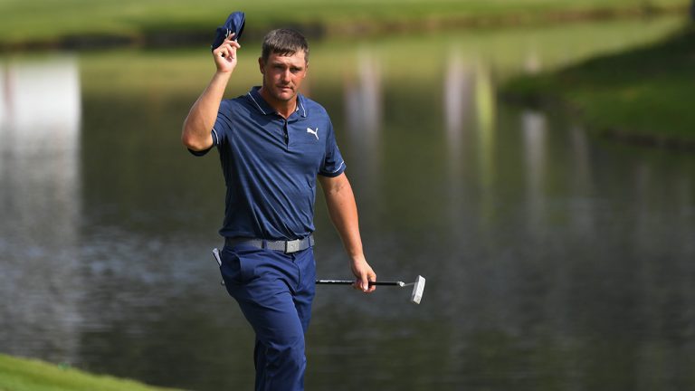 Bryson Dechambeau walks up to the 18th green during the third round in the World Golf Championship-FedEx St. Jude Invitational tournament, Saturday, Aug. 7, 2021, in Memphis, Tenn. (John Amis/AP)