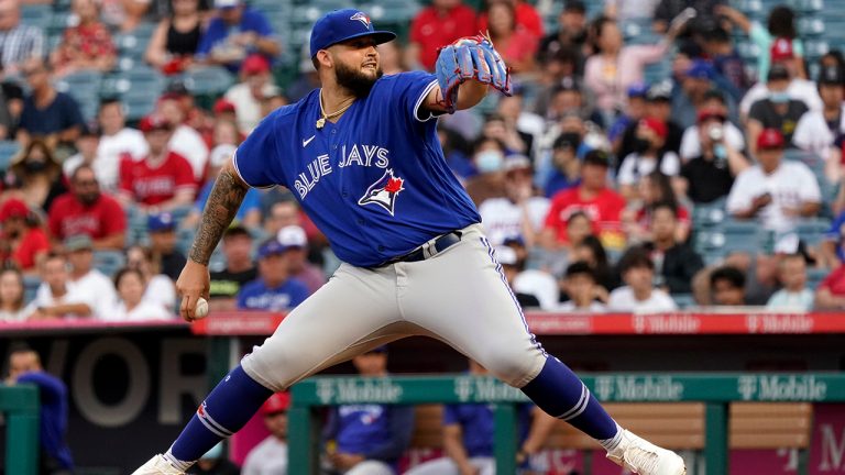 Toronto Blue Jays starting pitcher Alek Manoah throws to a Los Angeles Angels batter during the first inning of a baseball game Wednesday, Aug. 11, 2021, in Anaheim, Calif. (Marcio Jose Sanchez/AP)