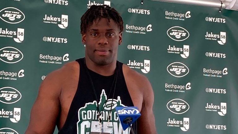 New York Jets defensive end Carl Lawson speaks to reporters at the team's NFL football training camp facility in Florham Park, N.J. (Dennis Waszak Jr./AP).