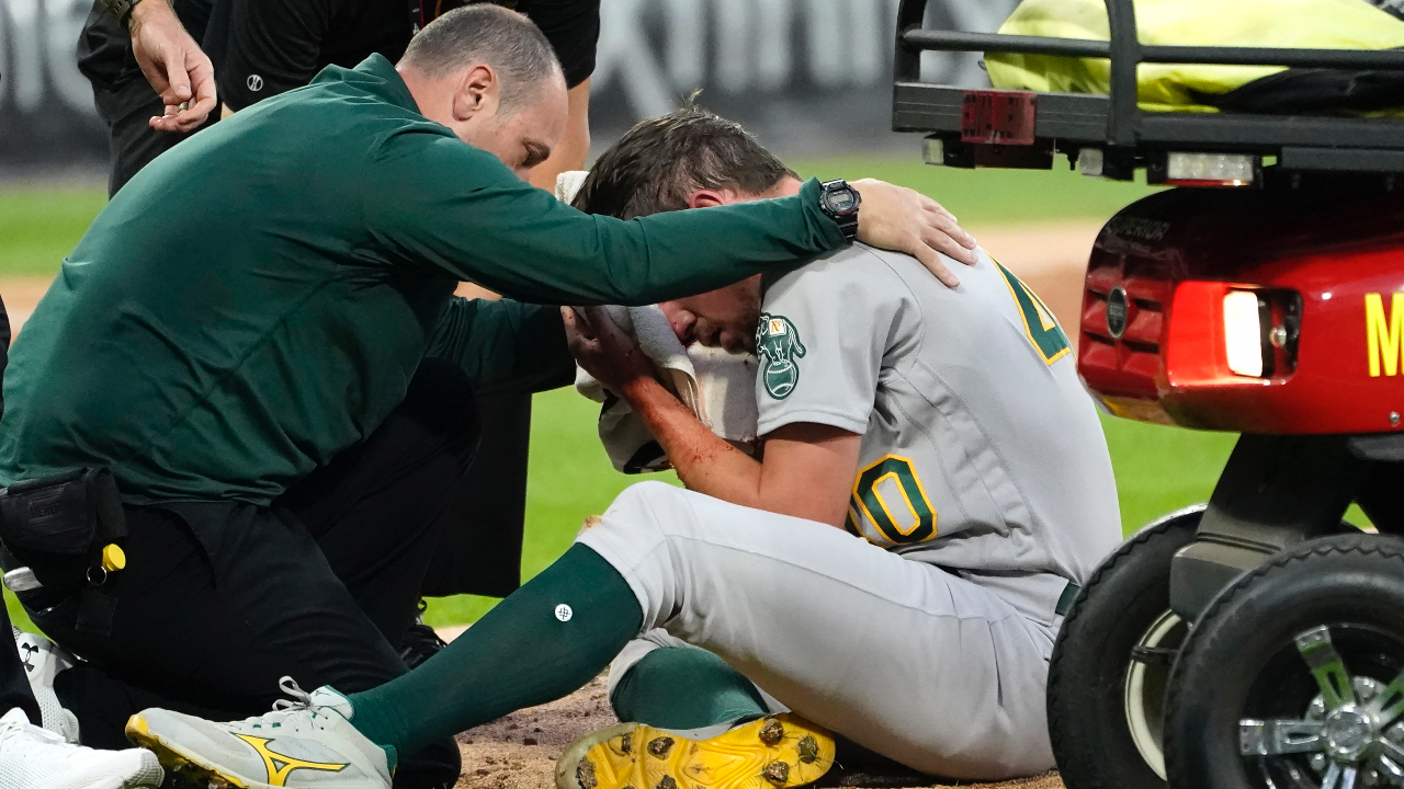 B/R Walk-Off on X: A's pitcher Chris Bassitt was carted off the field  after being hit by a line drive. Hope he's OK 🙏 (via @NBCSAthletics)   / X