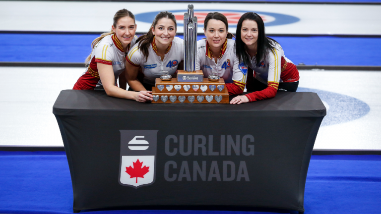 Team Canada, left to right, lead Briane Meilleur, second Shannon Birchard, third Val Sweeting and skip Kerri Einarson celebrates pose with the trophy after defeating Team Ontario in the final at the Scotties Tournament of Hearts in Calgary, Alta (Jeff McIntosh/CP).