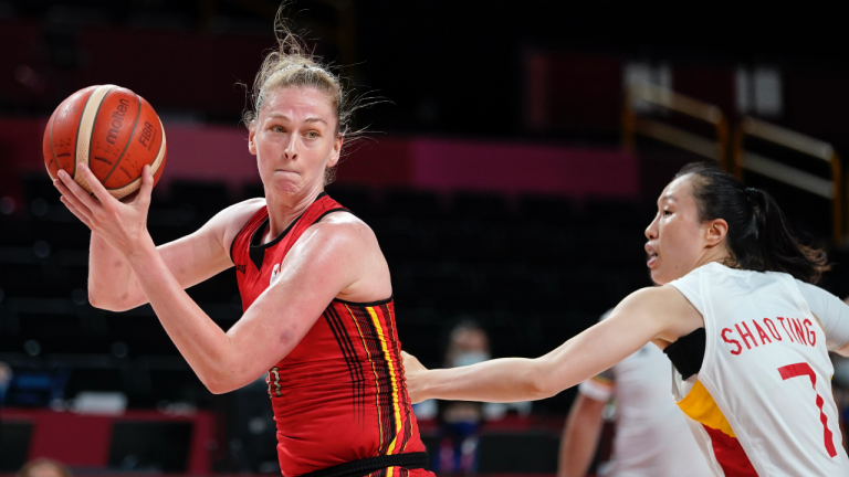 Belgium's Emma Meesseman drives to the basket past China's Ting Shao (7) during a women's basketball preliminary round game at the 2020 Summer Olympics, Monday, Aug. 2, 2021, in Saitama, Japan. (Charlie Neibergall / AP)