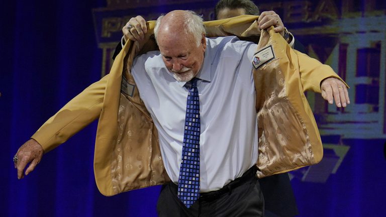 Cliff Harris, a member of the Pro Football Hall of Fame Centennial Class, receives his gold jacket during the gold jacket dinner in Canton, Ohio, Friday, Aug. 6, 2021.(Gene J. Puskar/AP)