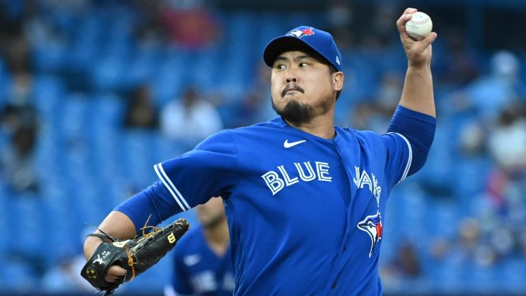 Toronto Blue Jays starting pitcher Hyun Jin Ryu pitches in the first inning of an American League baseball game against the Baltimore Orioles in Toronto on Tuesday, Aug. 31, 2021. (Jon Blacker/CP)