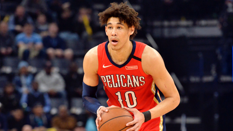 In this Jan. 20, 2020, file photo, New Orleans Pelicans center Jaxson Hayes handles the ball in the first half of an NBA basketball game against the Memphis Grizzlies in Memphis, Tenn. (Brandon Dill / AP)