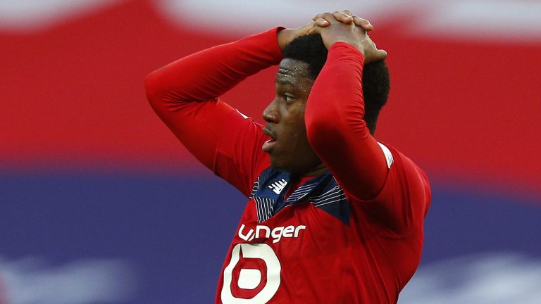 Lille's Jonathan David reacts during a French League One soccer match. (Michel Spingler/AP)