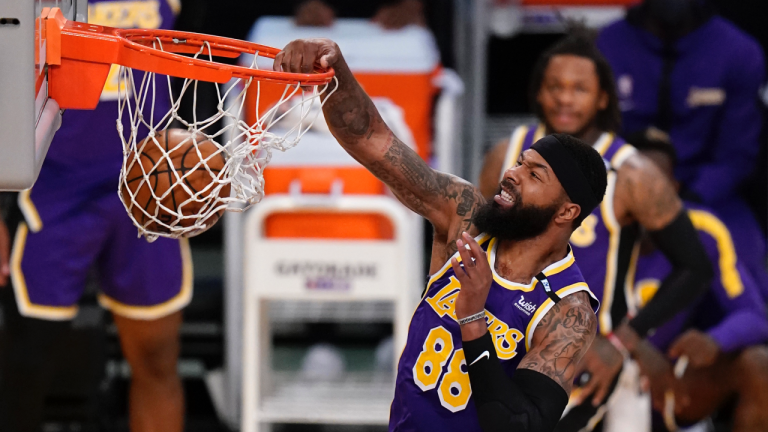 Los Angeles Lakers forward Markieff Morris dunks against the Sacramento Kings during the first half of an NBA basketball game Friday, April 30, 2021, in Los Angeles. (Marcio Jose Sanchez / AP)