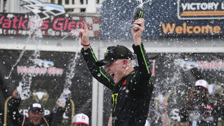 Ty Gibbs celebrates after winning the NASCAR Xfinity Series auto race at Watkins Glen International in Watkins Glen, N.Y., Saturday, Aug. 7, 2021. (Joshua Bessex/AP)