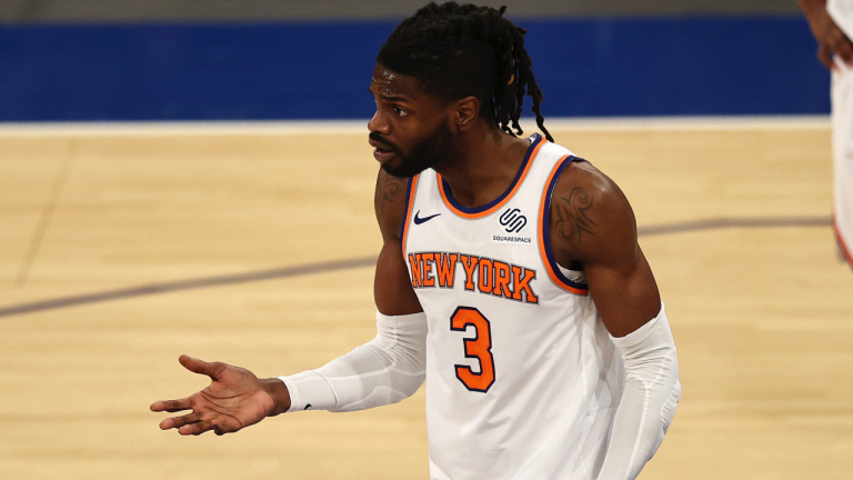 Former New York Knicks' player Nerlens Noel reacts after he was called for a technical foul after an altercation with Charlotte Hornets' Cody Zeller during an NBA basketball game at Madison Square Garden, Saturday, May 15, 2021, in New York. (Elsa/Pool Photo via AP)