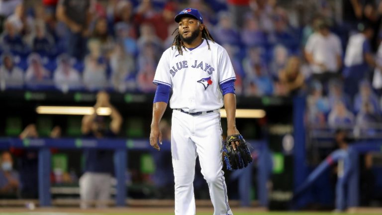 Toronto Blue Jays' Rafael Dolis reacts after giving up a two-run home run to Boston Red Sox's J.D. Martinez during the ninth inning of a baseball game Thursday, May 20, 2021, in Dunedin, Fla. The Red Sox won 8-7 (Mike Carlson/AP).