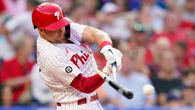 Philadelphia Phillies' Rhys Hoskins breaks his bat hitting into a fielder's choice during the first inning of an interleague baseball game against the Tampa Bay Rays, Wednesday, Aug. 25, 2021, in Philadelphia. Bryce Harper was out at second on the play. (Matt Slocum/AP).
