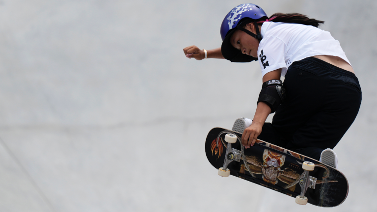 Sakura Yosozumi of Japan competes in the women's park skateboarding prelims at the 2020 Summer Olympics, Wednesday, Aug. 4, 2021, in Tokyo, Japan. (Ben Curtis / AP) 