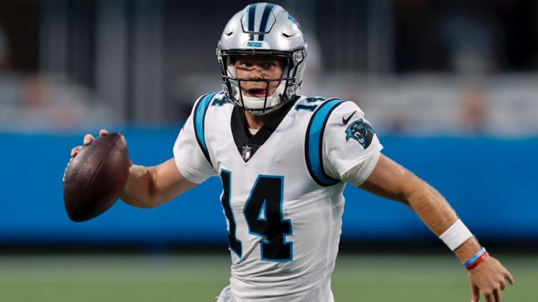 Carolina Panthers quarterback Sam Darnold looks to pass during the first half of a preseason NFL football game against the Pittsburgh Steelers Friday, Aug. 27, 2021, in Charlotte, N.C. (Nell Redmond / AP)