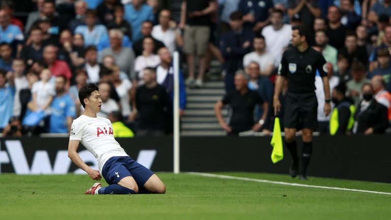 Tottenham's Son Heung-min celebrates after scoring his side's opening goal during the English Premier League soccer match between Tottenham Hotspur and Manchester City at the Tottenham Hotspur Stadium in London, Sunday, Aug. 15, 2021. (Ian Walton/AP)