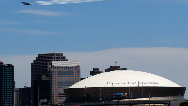 The Blue Angels, the U.S. Navy flight demonstration squadron, flies over downtown New Orleans and the Mercedes-Benz Superdome, as a salute to the health care front line responders working to help the sick during the coronavirus pandemic, Wednesday, May 6, 2020. (Gerald Herbert / AP)
