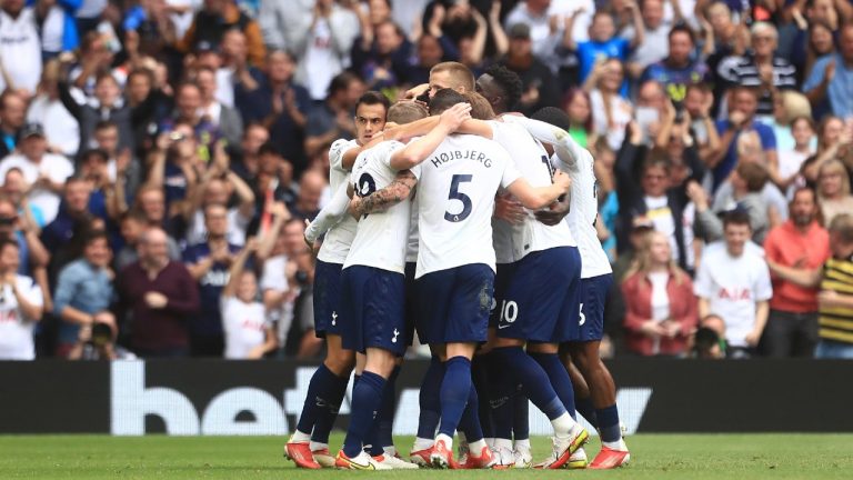 Tottenham players celebrate after Tottenham's Son Heung-min scored his side's opening goal against Watford. (Leila Coker/AP)