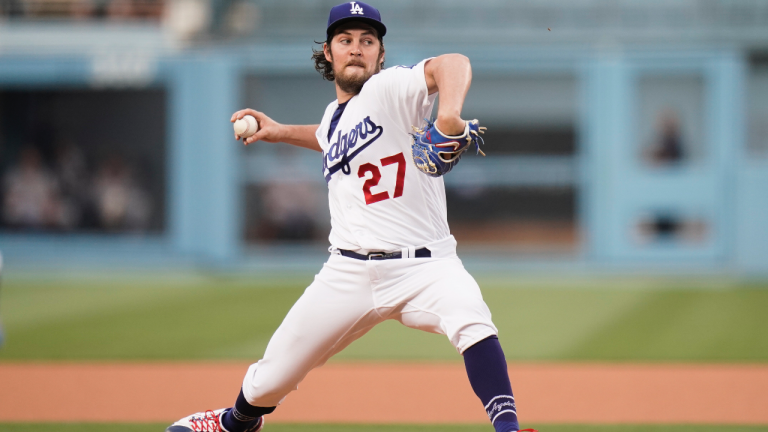 Former Los Angeles Dodgers starting pitcher Trevor Bauer throws against the San Francisco Giants during the first inning of a baseball game, Monday, June 28, 2021, in Los Angeles. (Jae C. Hong / AP)