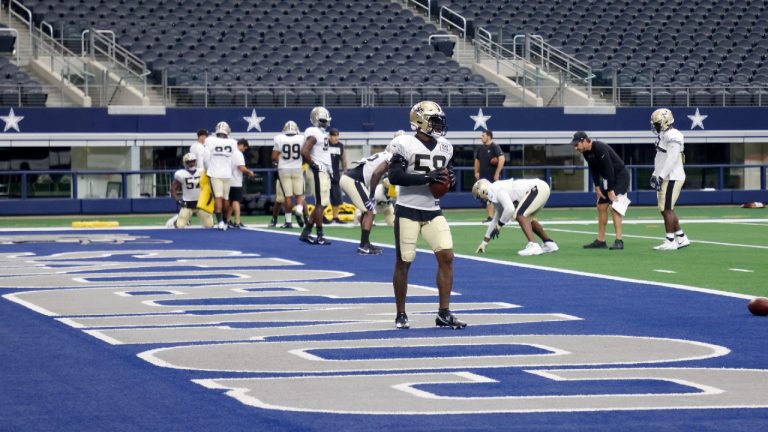 New Orleans Saints linebacker Kwon Alexander (58) goes through drills during an NFL football workout in Arlington, Texas, Monday, Aug. 30, 2021. Displaced by Hurricane Ida, the Saints went back to work Monday about 500 miles away in the home of another NFL team. (Michael Ainsworth/AP)