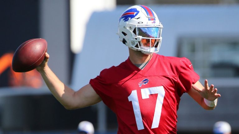 Buffalo Bills quarterback Josh Allen throws a pass during an NFL football training camp practice in Orchard Park, N.Y., Monday Aug. 2, 2021. (Jeffrey T. Barnes/AP)