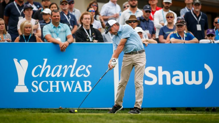 Doug Barron, of the United States, tees off on the first hole during the PGA Tour Champion's Shaw Charity Classic golf event in Calgary, Alta., Sunday, Aug. 15, 2021. (Jeff McIntosh/CP)