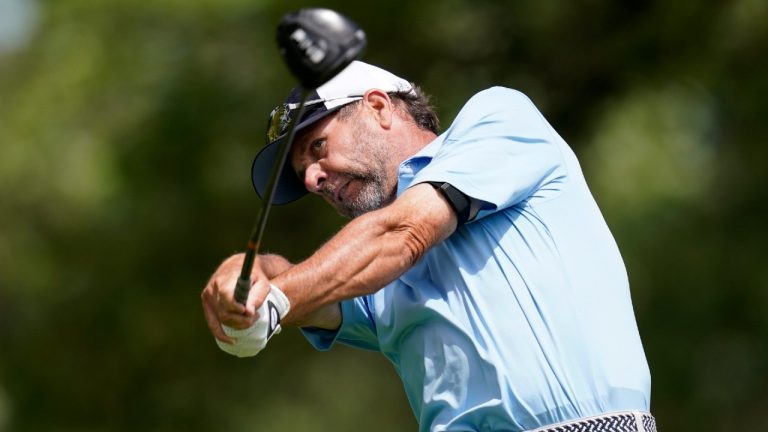 Doug Barron hits off the third tee during the final round of the PGA Tour Champions Principal Charity Classic golf tournament, Sunday, June 6, 2021, in Des Moines, Iowa. (Charlie Neibergall/AP)