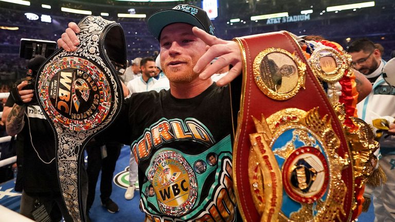 Canelo Alvarez celebrates after defeating Billy Joe Saunders in a unified super middleweight world championship boxing match. (Jeffrey McWhorter/AP)