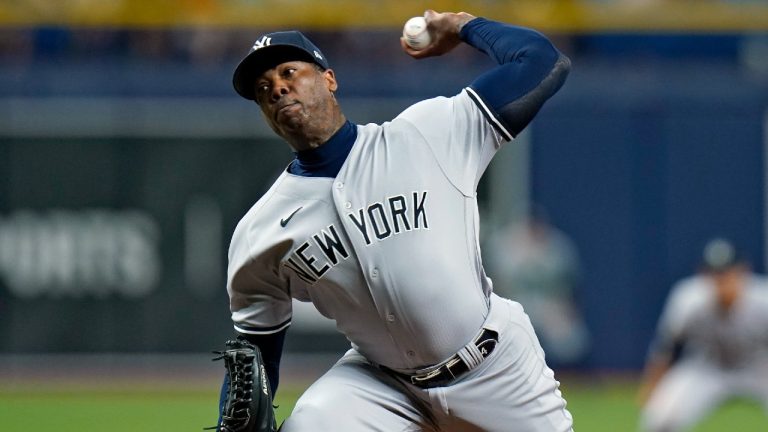 New York Yankees relief pitcher Aroldis Chapman delivers to the Tampa Bay Rays during the 10th inning of a baseball game Wednesday, July 28, 2021, in St. Petersburg, Fla. (Chris O'Meara/AP)