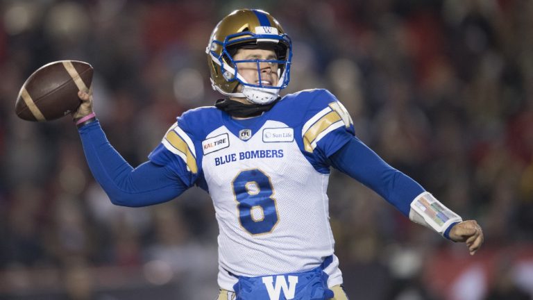 Winnipeg Blue Bombers quarterback Zach Collaros throws the ball during first half football action in the 107th Grey Cup against the Hamilton Tiger-Cats in Calgary, Alta., Sunday, November 24, 2019. (Nathan Denette/CP)