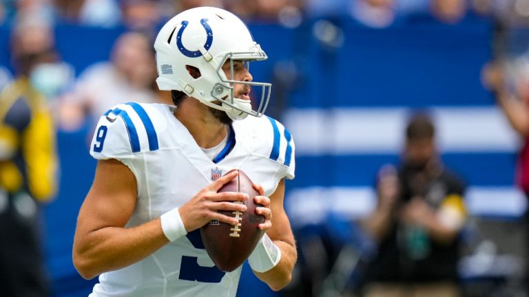 Indianapolis Colts quarterback Jacob Eason (9) throws against the Carolina Panthers during the first half of an NFL exhibition football game in Indianapolis, Sunday, Aug. 15, 2021. (AJ Mast/AP)