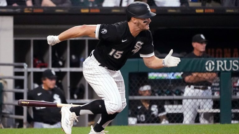Chicago White Sox's Adam Engel watches his RBI single off Minnesota Twins starting pitcher Michael Pineda during the third inning of a baseball game Wednesday, July 21, 2021, in Chicago. (Charles Rex Arbogast/AP)
