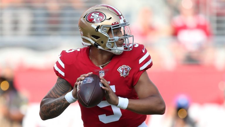 San Francisco 49ers quarterback Trey Lance throws a touchdown pass to wide receiver Trent Sherfield during the first half of an NFL pre-season football game against the Kansas City Chiefs in Santa Clara, Calif., Saturday, Aug. 14, 2021. (Jed Jacobsohn/AP)