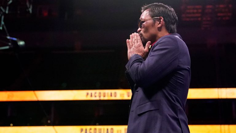 Manny Pacquiao, of the Philippines, reacts after a news conference after his loss to Yordenis Ugas, of Cuba, in a welterweight championship boxing match. (John Locher/AP)